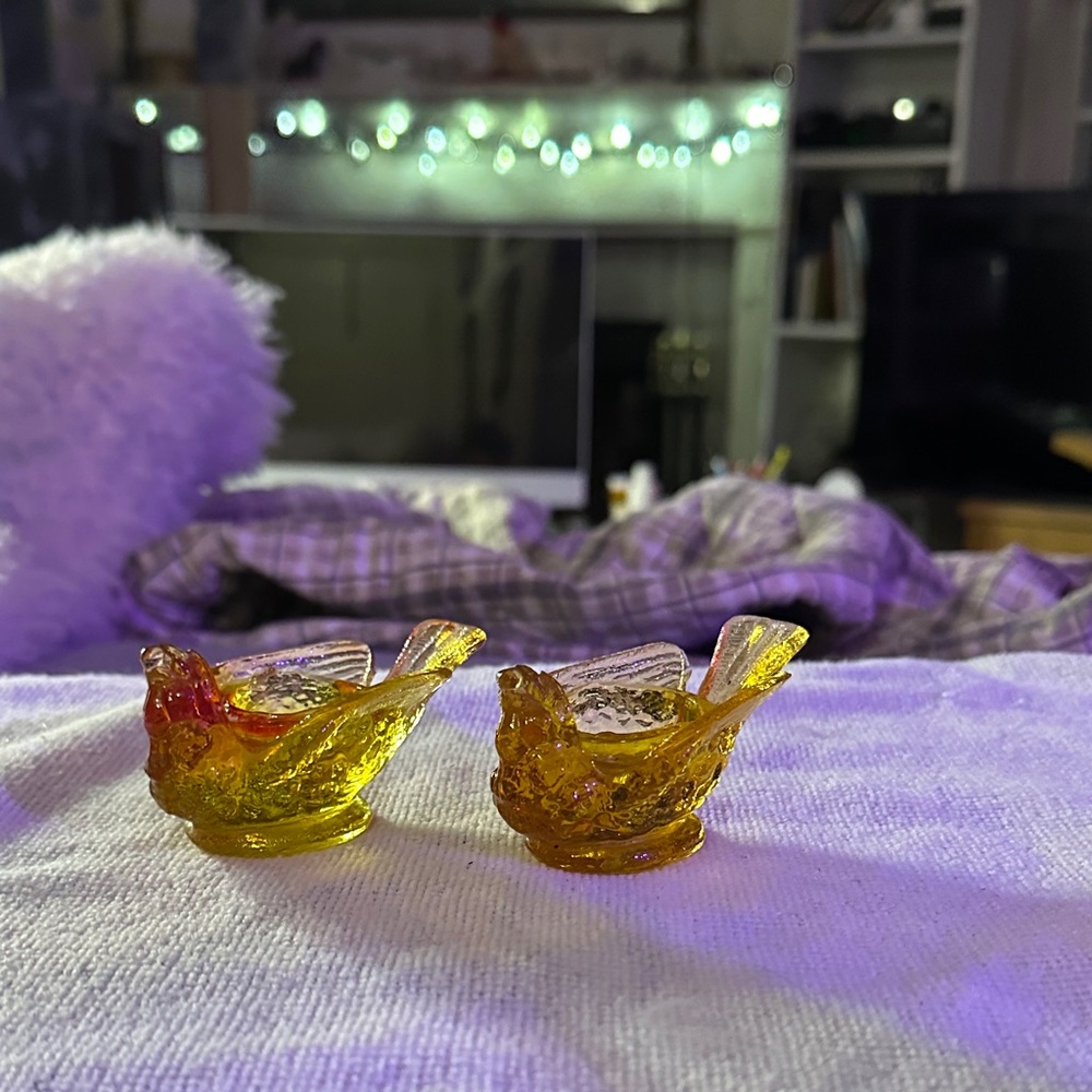 Amber glass Degenhart Birds With Cherry Salt Cellars/Candle Holders